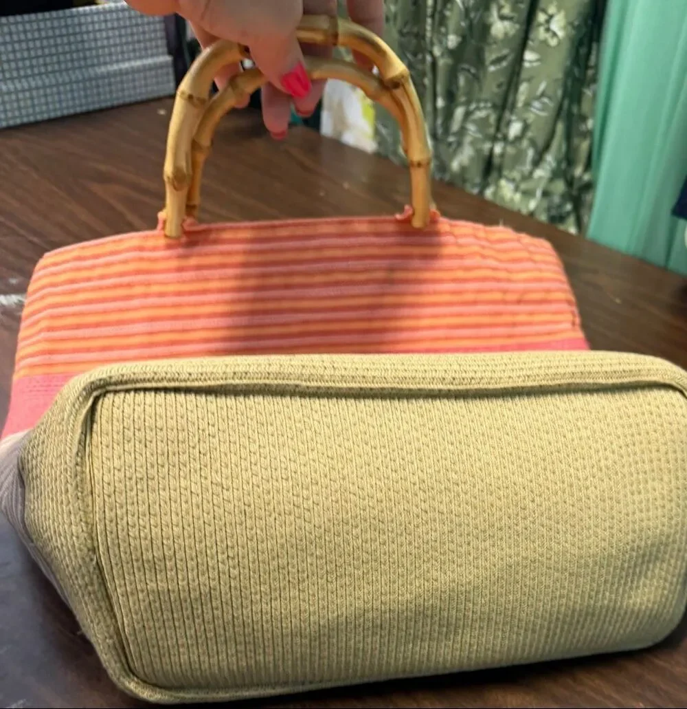 Toucan Collection Coral Woven Bag Bamboo Handles Beach Vacation Purse